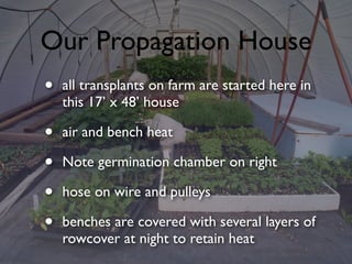 Our Propagation House
• all transplants on farm are started here in
this 17’ x 48’ house
• air and bench heat
• Note germination chamber on right
• hose on wire and pulleys
• benches are covered with several layers of
rowcover at night to retain heat
 