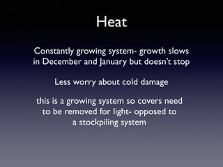Heat
Constantly growing system- growth slows
in December and January but doesn’t stop
Less worry about cold damage
this is a growing system so covers need
to be removed for light- opposed to
a stockpiling system
 