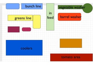 bunch line
greens line barrel washer
vegetable washer
tomato area
coolers
in
feed
 
