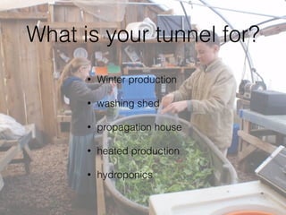What is your tunnel for?
• Winter production
• washing shed
• propagation house
• heated production
• hydroponics
 