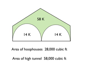 14 K 14 K
58 K
Area of hoophouses 28,000 cubic ft
Area of high tunnel 58,000 cubic ft
 