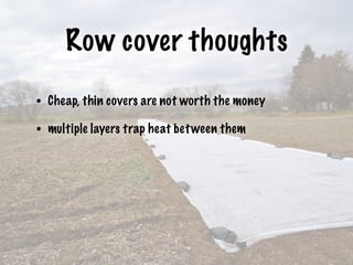 Row cover thoughts
• Cheap, thin covers are not worth the money
• multiple layers trap heat between them
 