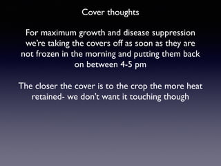Cover thoughts
For maximum growth and disease suppression
we’re taking the covers off as soon as they are
not frozen in the morning and putting them back
on between 4-5 pm
The closer the cover is to the crop the more heat
retained- we don’t want it touching though
 