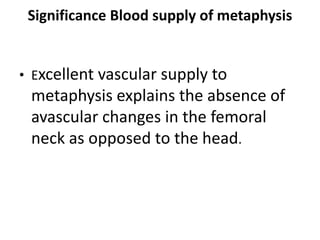 Significance Blood supply of metaphysis
• Excellent vascular supply to
metaphysis explains the absence of
avascular changes in the femoral
neck as opposed to the head.
 