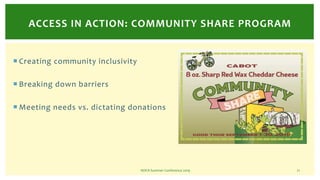 NOFA Summer Conference 2019 21
ACCESS IN ACTION: COMMUNITY SHARE PROGRAM
¡ Creating community inclusivity
¡ Breaking down ...