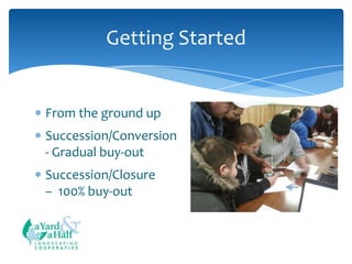 Getting Started

From the ground up
Succession/Conversion
- Gradual buy-out
Succession/Closure
– 100% buy-out

COOPERATIVE

 