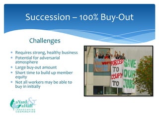 Succession – 100% Buy-Out
Challenges
Requires strong, healthy business
Potential for adversarial
atmosphere
Large buy-out amount
Short time to build up member
equity
Not all workers may be able to
buy in initially

COOPERATIVE

 
