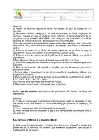 INSTITUT QUERCUS                                     Sant Joan de Vilatorrada
                   NORMES D’ORGANITZACIÓ I FUNCIONAMENT DE CENTRE

            Codi: NOFC                Revisió 1.0        Data:               Pàgina 38 /102
                                                         02/02/2011



Funcions:
a) Presidir les reunions regulars de feina i fer constar en acta els acords que s’hi
prenguin.
b) Dinamitzar l'activitat pedagògica i la interdisciplinarietat en l’àrea, mitjançant les
reunions regulars en què es tractaran temes referents al desenvolupament de les
programacions (a excepció dels CFGS, tasca assignada als coordinadors de cicle),
concreció de criteris d'avaluació i de recuperació i anàlisi de resultats.
c) Recollir en els terminis establerts les programacions elaborades per cada professor/a,
arxivar-les a l’àrea, fer-ne arribar una còpia al cap d’estudis i entrar-les a la intranet del
centre.
d) Informar els membres de l’àrea dels acords presos en les reunions de caps de
departament i d’àrea i que afectin el funcionament general del centre.
e) Informar sobre les referències bibliogràfiques i el material didàctic que arribi al
departament.
f) Tenir el control i l'arxiu de qualsevol tipus de document referent a l’àrea.
g) Administrar adequadament la quantitat assignada a l’àrea dintre del pressupost anual
del centre.
h) Tenir al dia l'inventari del material no fungible, que s'ha de correspondre amb el
general del centre.
i) Procurar dotar el departament de tots els recursos tècnics i pedagògics útils per a la
programació educativa.
j) Donar a conèixer als membres de l’àrea els documents de funcionament del Centre:
P.E.C., P.C.C., P.A.T., N.O.F.C. i P.G.C..
k) Col·laborar en la planificació dels treballs de recerca.
l) Altres funcions que li siguin encarregades per la directora.


Els/les caps de seminari són membres del professorat del Claustre i de l'àrea que
representen.

Funcions:
a) Presidir les reunions del professorat de matèries afins i recollir-ne els acords en acta
que lliurarà al seu cap d'àrea o a la coordinació pedagògica (seminari de psicologia), si
s'escau.
b) Fer un manteniment del material específic de la matèria.
c) Altres activitats que els encarregui el cap d'àrea corresponent, relacionades amb el
seu seminari.


5.2. Comissió d’atenció a la diversitat (CAD)

La CAD té per funcions planejar i coordinar totes les accions d'atenció a la diversitat
planificació de la docència als alumnes que necessitin adaptacions significatives o
modificacions del currículum.
 