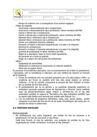 INSTITUT QUERCUS                                    Sant Joan de Vilatorrada
                  NORMES D’ORGANITZACIÓ I FUNCIONAMENT DE CENTRE

            Codi: NOFC               Revisió 1.0         Data:              Pàgina 76 /102
                                                         02/02/2011

       Pèrdua de material com a conseqüència d’una actitud negligent.
   -Faltes de respecte:
       Incorrecció o desconsideració cap a companys/es.
       Incorrecció o desconsideració cap a professorat i altres membres del PND.
       Injúria o ofensa cap a companys/es.
       Injúria o ofensa cap a material de professorat i altres membres del PND.
       Agressió física o amenaces cap a companys/es.
       Agressió física o amenaces cap a professorat i altres membres del PND.
       Incitar a la realització d’accions violentes.
       Actuació o incitació a l’actuació perjudicial per a la salut o la integritat
       personal de companys/es.
       Actuació o incitació a l’actuació perjudicial per a la salut o la integritat
       personal de professorat i/o altres membres del PND.
       Negar-se a abandonar l’aula en haver estat expulsat/da.
       No personar-se a l’aula de guàrdia.
       Negar-se a seguir les instruccions del professorat.
   -Altres:
       Suplantació de personalitat.
       Falsificació i/o sostracció de documents i/o material acadèmic.
       Altres que es puguin donar.
Es preveuen circumstàncies atenuants, com el reconeixement de la falta i/o penediment,
i agreujants, com la reincidència o reiteració, així com l’actitud de l’alumne al moment
de la incidència.
     Fumar és considerat com una actuació perjudicial per a la salut pròpia i d’altri. La
        incidència per fumar es resoldrà amb tres dies sense esbarjo en primera
        instància, i el fet de reincidir comportarà la privació del dret d’assistir al centre
        per un període de tres dies lectius.
     El comportament per ús no permès o no autoritzat d’aparells electrònics i/o
        ordinadors personals suposarà haver de dipositar-los a Direcció. Seran restituïts
        quan els pares/mares/tutors legals vinguin a sol·licitar-los. En el cas dels
        ordenadors portàtils es seguirà la “Normativa d’ús dels ordinadors portàtils” que
        ha signat cada família amb alumnat que treballi amb l’Educat 1x1.
     L’ús no autoritzat de programes informàtics, webs, xats, xarxes socials... podria
        comportar la privació del dret de l’ús de les aules informàtiques del centre per un
        període de temps no determinat.

6.2. SORTIDES ESCOLARS

Normes generals:
- Els professors/es que volen organitzar una sortida ho han de preveure a la
   programació i ho han de comunicar al cap d'àrea.
   Cada àrea lliurarà, el mes de setembre, una proposta de sortides de tot l'any
   organitzada per nivells i trimestres i la lliurarà al Cap d'estudis.
 