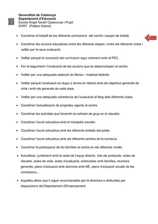 Generalitat de Catalunya
Departament d’Educació
Escola Àngel Serafí Casanovas i Pujol
SORT (Pallars Sobirà)
17
• Coordinar el treball de les diferents comissions del centre i equips de treball.
• Coordinar les accions educatives entre les diferents etapes i entre els diferents cicles i
vetllar per la seva avaluació.
• Vetllar perquè la concreció del currículum sigui coherent amb el PEC.
• Fer el seguiment i l’avaluació de les accions que es desenvolupen al centre.
• Vetllar per una adequada selecció de llibres i material didàctic.
• Vetllar perquè l’avaluació es dugui a terme en relació amb els objectius generals de
cicle i amb els generals de cada àrea.
• Vetllar per una adequada coherència de l’avaluació al llarg dels diferents cicles.
• Coordinar l’actualització de projectes vigents al centre.
• Coordinar les activitats que fomentin la cohesió de grup en el claustre.
• Coordinar l’acció educativa amb el menjador escolar.
• Coordinar l’acció educativa amb les diferents entitats del poble.
• Coordinar l’acció educativa amb els diferents centres de la comarca.
• Coordinar la participació de les famílies al centre en els diferents nivells.
• Actualitzar, juntament amb la resta de l’equip directiu tots els protocols: actes de
claustre, actes de cicle, actes d’avaluació, entrevistes amb famílies, reunions
generals, plans d’actuació amb alumnes amb NE, plans d’actuació anuals de les
comissions...
• Aquelles altres que li siguin encomanades per la directora o atribuïdes per
disposicions del Departament d'Ensenyament.
 