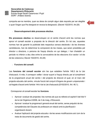 Generalitat de Catalunya
Departament d’Educació
Escola Àngel Serafí Casanovas i Pujol
SORT (Pallars Sobirà)
20
comporta ser-ne membre, quan es deixa de complir algun dels requisits per ser elegible
o quan l'òrgan que l'ha designat en revoca la designació. (Decret 102/2010. Art.28)
Desenvolupament dels processos electius.
Els processos electius es desenvolupen en el centre d'acord amb les normes que
aprovi el consell escolar a proposta de la direcció del centre. En tot cas, aquestes
normes han de garantir la publicitat dels respectius censos electorals i de les diverses
candidatures, han de determinar la composició de les meses, que seran presidides pel
director o directora, o persona de l'equip directiu en qui delegui, i han d'establir un
període no inferior a deu dies entre la convocatòria de les eleccions d'un sector i el dia
de les votacions.( Decret 102/2010. Art.28)
Funcions del consell.
Les funcions del consell escolar són les que estableix l'article 148.3 de la Llei
d'educació. A més, li correspon vetllar i donar suport a l'equip directiu per al compliment
de la programació anual del centre i del projecte de direcció el qual, en el marc del
projecte educatiu del centre, vincula l'acció del conjunt d'òrgans de govern unipersonals i
col·legiats d'acord amb l'article 144.4 de la Llei d'educació.(D102/2010. Art. 46.1).
Corresponen al consell escolar les funcions
• Aprovar i avaluar els projectes i les normes als que es refereix el capítol II del títol V
de la Llei Orgánica 2/2006, de 3 de maig, d’Educació.
• Aprovar i avaluar la programacií general anual del centre, sense prejudici de les
competències del Claustre de professors en relació amb la planificació i
organització docent.
• Avaluar l'aplicació del projecte educatiu i de les seves modificacions així com de la
resta de documents de gestió del centre.
 