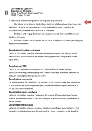Generalitat de Catalunya
Departament d’Educació
Escola Àngel Serafí Casanovas i Pujol
SORT (Pallars Sobirà)
41
la participació de l’alumnat i garantint-ne la igualtat d’oportunitats.
• Col·laborar en la definició d’estratègies d’atenció a l’alumnat nouvingut i/o en risc
d’exclusió, participar en l’organització i optimització dels recursos i coordinar les
actuacions dels professionals externs que hi intervenen.
• Participar amb l’equip directiu en les actuacionsque es deriven del Pla educatiu
d’entorn, si s’escau.
• Assumir funcions que es deriven del Pla per a la llengua i la cohesió, per delegació
de la direcció del centre.
Coordinadora llengües estrangeres
La funció principal és coordinar tots els projectes que es puguin dur a terme a nivell
d’escola i impulsar el treball de les llengües estrangeres com a llengua vehicular en
algun àmbit.
Coordinadora PCEE
La funció principal del coordinador del Pla Català de l’Esport és la d’elaborar,
organitzar i fer el seguiment del programa i l'oferta d’activitats esportives en horari no
lectiu, en base al projecte esportiu del centre.
Coordinadora convivència
La funció principal del coordinador de convivència del centre és coordinar dinamitzar
la realizació de les activitats previstes per a la consecució dels objetius establerts al
Pla de Convivència del centre.
Coordinadora Aquiproubullying
La funció principal és coordinar l’elaboració del projecte #Aquiproubullying d’escola I
realitzar totes les tasques de primer any, de segon any I de tercer any que el centre a
de dur a terme.
Coordinador matemàtiques
La funció principal és orientar i coordinar totes les metodologies que s’utilitzen a nivell
de centre per treballar les matemàtiqeus i unificar criteris compartits per tal de definir
 