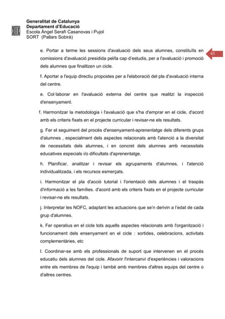 Generalitat de Catalunya
Departament d’Educació
Escola Àngel Serafí Casanovas i Pujol
SORT (Pallars Sobirà)
43
e. Portar a terme les sessions d'avaluació dels seus alumnes, constituïts en
comissions d'avaluació presidida pel/la cap d’estudis, per a l'avaluació i promoció
dels alumnes que finalitzen un cicle.
f. Aportar a l'equip directiu propostes per a l'elaboració del pla d'avaluació interna
del centre.
e. Col·laborar en l'avaluació externa del centre que realitzi la inspecció
d'ensenyament.
f. Harmonitzar la metodologia i l'avaluació que s'ha d'emprar en el cicle, d'acord
amb els criteris fixats en el projecte curricular i revisar-ne els resultats.
g. Fer el seguiment del procés d'ensenyament-aprenentatge dels diferents grups
d'alumnes , especialment dels aspectes relacionats amb l'atenció a la diversitat
de necessitats dels alumnes, i en concret dels alumnes amb necessitats
educatives especials i/o dificultats d'aprenentatge.
h. Planificar, analitzar i revisar els agrupaments d'alumnes, i l'atenció
individualitzada, i els recursos esmerçats.
i. Harmonitzar el pla d'acció tutorial i l'orientació dels alumnes i el traspàs
d'informació a les famílies. d'acord amb els criteris fixats en el projecte curricular
i revisar-ne els resultats.
j. Interpretar les NOFC, adaptant les actuacions que se’n derivin a l’edat de cada
grup d'alumnes.
k. Fer operatius en el cicle tots aquells aspectes relacionats amb l'organització i
funcionament dels ensenyament en el cicle : sortides, celebracions, activitats
complementàries, etc
l. Coordinar-se amb els professionals de suport que intervenen en el procés
educatiu dels alumnes del cicle. Afavorir l'intercanvi d'experiències i valoracions
entre els membres de l'equip i també amb membres d'altres equips del centre o
d'altres centres.
 