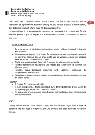 Generalitat de Catalunya
Departament d’Educació
Escola Àngel Serafí Casanovas i Pujol
SORT (Pallars Sobirà)
59
Els criteris que considerem tenen com a objectiu fixar les normes sota les que es
realitzaran els agrupaments d’alumnes al llarg del seu període educatiu al nostre centre,
des de l’inici d’educació infantil fins a 6è d’educació primària.
La motivació per dur a terme aquesta mesura és de caire pedagògic i organitzatiu. És una
actuació positiva i que va dirigida a la millora personal, social i acadèmica de tots els
alumnes.
MOTIUS PEDAGÒGICS
• Es fa pensant en el bé de tots. La intenció és ajudar i millorar l’educació i integració
dels alumnes.
• Evitar etiquetes de grup i d’alumnes. És una oportunitat per l’alumne per canviar el
rol que tenen assignat dins un grup que fa que, de vegades, actuïn com s’espera
d’ells, en lloc de com realment ho farien.
• Ajudar a la socialització de l’alumnat. Promoure les relacions interpersonals.
• Realitzar agrupaments heterogenis, una vegada que es coneixen els alumnes dels
diferents grups.
• Resoldre casos particulars d’alumnes amb problemes relacionals, de
comportament i de disciplina.
• Desenvolupar la competència emocional per adaptar-se, des d’edats primerenques
als canvis socials.
QUAN?
• A l’inici de P3 i cada canvi de cicle.
• 1 canvi, excepcional, a final de qualsevol curs, davant problemes greus. Siguin de
tipus pedagògics, relacionals o de comportament.
• En qualsevol moment, quan es tracti de casos individuals i per raons pedagògiques
o de comportament.
QUI?
L’equip docent (tutors, especialistes i equip de suport), que hagin desenvolupat la
docència amb els grups a reagrupar, farà una proposta que serà aprovada per l’Equip
Directiu.
 