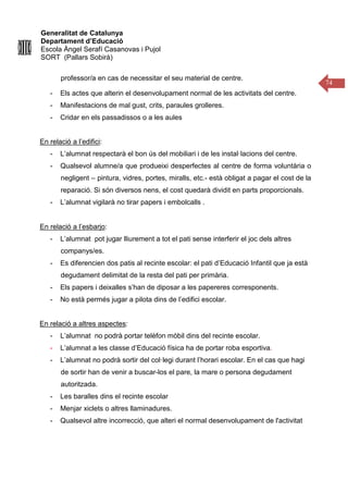Generalitat de Catalunya
Departament d’Educació
Escola Àngel Serafí Casanovas i Pujol
SORT (Pallars Sobirà)
74
professor/a en cas de necessitar el seu material de centre.
- Els actes que alterin el desenvolupament normal de les activitats del centre.
- Manifestacions de mal gust, crits, paraules grolleres.
- Cridar en els passadissos o a les aules
En relació a l’edifici:
- L’alumnat respectarà el bon ús del mobiliari i de les instal·lacions del centre.
- Qualsevol alumne/a que produeixi desperfectes al centre de forma voluntària o
negligent – pintura, vidres, portes, miralls, etc.- està obligat a pagar el cost de la
reparació. Si són diversos nens, el cost quedarà dividit en parts proporcionals.
- L’alumnat vigilarà no tirar papers i embolcalls .
En relació a l’esbarjo:
- L’alumnat pot jugar lliurement a tot el pati sense interferir el joc dels altres
companys/es.
- Es diferencien dos patis al recinte escolar: el pati d’Educació Infantil que ja està
degudament delimitat de la resta del pati per primària.
- Els papers i deixalles s’han de diposar a les papereres corresponents.
- No està permés jugar a pilota dins de l’edifici escolar.
En relació a altres aspectes:
- L’alumnat no podrà portar telèfon mòbil dins del recinte escolar.
- L’alumnat a les classe d’Educació física ha de portar roba esportiva.
- L’alumnat no podrà sortir del col·legi durant l’horari escolar. En el cas que hagi
de sortir han de venir a buscar-los el pare, la mare o persona degudament
autoritzada.
- Les baralles dins el recinte escolar
- Menjar xiclets o altres llaminadures.
- Qualsevol altre incorrecció, que alteri el normal desenvolupament de l'activitat
 
