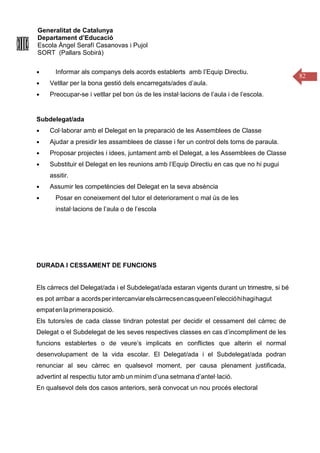Generalitat de Catalunya
Departament d’Educació
Escola Àngel Serafí Casanovas i Pujol
SORT (Pallars Sobirà)
82
● Informar als companys dels acords establerts amb l’Equip Directiu.
● Vetllar per la bona gestió dels encarregats/ades d’aula.
● Preocupar-se i vetllar pel bon ús de les instal·lacions de l’aula i de l’escola.
Subdelegat/ada
● Col·laborar amb el Delegat en la preparació de les Assemblees de Classe
● Ajudar a presidir les assamblees de classe i fer un control dels torns de paraula.
● Proposar projectes i idees, juntament amb el Delegat, a les Assemblees de Classe
● Substituir el Delegat en les reunions amb l’Equip Directiu en cas que no hi pugui
assitir.
● Assumir les competències del Delegat en la seva absència
● Posar en coneixement del tutor el deteriorament o mal ús de les
instal·lacions de l’aula o de l’escola
DURADA I CESSAMENT DE FUNCIONS
Els càrrecs del Delegat/ada i el Subdelegat/ada estaran vigents durant un trimestre, si bé
es pot arribar a acordsperintercanviarelscàrrecsencasqueenl’eleccióhihagihagut
empatenlaprimeraposició.
Els tutors/es de cada classe tindran potestat per decidir el cessament del càrrec de
Delegat o el Subdelegat de les seves respectives classes en cas d’incompliment de les
funcions establertes o de veure’s implicats en conflictes que alterin el normal
desenvolupament de la vida escolar. El Delegat/ada i el Subdelegat/ada podran
renunciar al seu càrrec en qualsevol moment, per causa plenament justificada,
advertint al respectiu tutor amb un mínim d’una setmana d’antel·lació.
En qualsevol dels dos casos anteriors, serà convocat un nou procés electoral
 