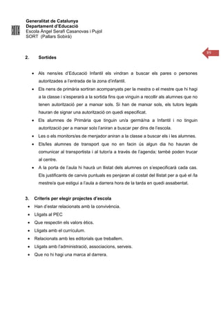 Generalitat de Catalunya
Departament d’Educació
Escola Àngel Serafí Casanovas i Pujol
SORT (Pallars Sobirà)
89
2. Sortides
• Als nens/es d’Educació Infantil els vindran a buscar els pares o persones
autoritzades a l’entrada de la zona d’infantil.
• Els nens de primària sortiran acompanyats per la mestra o el mestre que hi hagi
a la classe i s’esperarà a la sortida fins que vinguin a recollir als alumnes que no
tenen autorització per a marxar sols. Si han de marxar sols, els tutors legals
hauran de signar una autorització on quedi especificat.
• Els alumnes de Primària que tinguin un/a germà/na a Infantil i no tinguin
autorització per a marxar sols l’aniran a buscar per dins de l’escola.
• Les o els monitors/es de menjador aniran a la classe a buscar els i les alumnes.
• Els/les alumnes de transport que no en facin ús algun dia ho hauran de
comunicar al transportista i al tutor/a a través de l’agenda; també poden trucar
al centre.
• A la porta de l’aula hi haurà un llistat dels alumnes on s’especificarà cada cas.
Els justificants de canvis puntuals es penjaran al costat del llistat per a què el /la
mestre/a que estigui a l’aula a darrera hora de la tarda en quedi assabentat.
3. Criteris per elegir projectes d’escola
• Han d’estar relacionats amb la convivència.
• Lligats al PEC
• Que respectin els valors ètics.
• Lligats amb el currículum.
• Relacionats amb les editorials que treballem.
• Lligats amb l’administració, associacions, serveis.
• Que no hi hagi una marca al darrera.
 