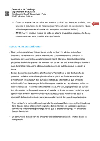 Generalitat de Catalunya
Departament d’Educació
Escola Àngel Serafí Casanovas i Pujol
SORT (Pallars Sobirà)
94
• Quan un mestre ha de faltar de manera puntual per formació, malaltia, una
urgència o excursions no és necessari canviar-se el pati i no es substituirà. (Quan
faltin dues persones en el mateix torn es supliran amb l’ordre de llista)
• IMPORTANT: Si algun mestre es troba en alguna d’aquestes situacions ho ha de
comunicar el més aviat possible a la cap d’estudis.
SECCIO VI . DE LES ABSÈNCIES
Quan un/a mestre/a hagi d’absentar-se un dia puntual i ho sàpigui amb sufient
antel.lació ha de demanar permís a la directora comprometent-se a presentar la
justificació corresponent segons la legislació vigent. El mateix docent elaborarà les
propostes d’activitats que els i les alumnes han de fer i les farà arribar al cap d’estudis la
qual donarà les instruccions adequades als docents de guàrdia perquè les portin a
terme.
En cas d’absència eventual i no planificada d’un/a mestre/a la cap d’estudis ha de
preveure i elaborar material complementari de suport a les àrees o matèries que
s’imparteixen en cadascun dels cursos de l’etapa. El o la mestre/a que en faci la
substituació s’han d’encarregar de facilitar aquest material als i les alumnes, vetllar per
la seva realització i recollir-lo en finalitzar la sessió. Per tant, la programació de curs de
tots els mestres ha de contenir annexat el material curricular necessari per tal que sigui
aplicat en un moment de substitució de curta durada; aquest material ha d’estar a
disposició de l’equip directiu de manera avançada i també del, coordinador/a de cicle.
• Si es tracta d’una baixa caldrà entregar el més aviat possible (com a molt tard l’endemà
de la data de baixa) el document original de baixa mèdica i els successius partes de
confirmació complimentat pel metge per tal que la directora els pugui fer arribar als
Serveis Territorials.
• Els comunicats d’alta s’han de presentar el dia laborable següent—mateix dia de la
incorporació.
 