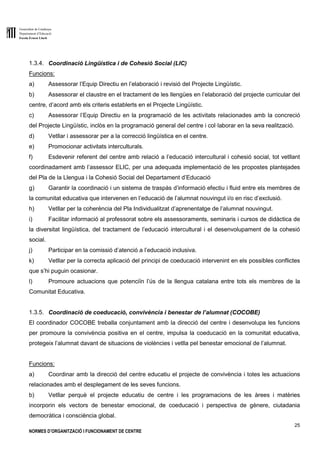 Generalitat de Catalunya
Departament d’Educació
Escola Ernest Lluch
25
NORMES D’ORGANITZACIÓ I FUNCIONAMENT DE CENTRE
1.3.4. Coordinació Lingüística i de Cohesió Social (LIC)
Funcions:
a) Assessorar l’Equip Directiu en l’elaboració i revisió del Projecte Lingüístic.
b) Assessorar el claustre en el tractament de les llengües en l’elaboració del projecte curricular del
centre, d’acord amb els criteris establerts en el Projecte Lingüístic.
c) Assessorar l’Equip Directiu en la programació de les activitats relacionades amb la concreció
del Projecte Lingüístic, inclòs en la programació general del centre i col·laborar en la seva realització.
d) Vetllar i assessorar per a la correcció lingüística en el centre.
e) Promocionar activitats interculturals.
f) Esdevenir referent del centre amb relació a l’educació intercultural i cohesió social, tot vetllant
coordinadament amb l’assessor ELIC, per una adequada implementació de les propostes plantejades
del Pla de la Llengua i la Cohesió Social del Departament d’Educació
g) Garantir la coordinació i un sistema de traspàs d’informació efectiu i fluid entre els membres de
la comunitat educativa que intervenen en l’educació de l’alumnat nouvingut i/o en risc d’exclusió.
h) Vetllar per la coherència del Pla Individualitzat d’aprenentatge de l’alumnat nouvingut.
i) Facilitar informació al professorat sobre els assessoraments, seminaris i cursos de didàctica de
la diversitat lingüística, del tractament de l’educació intercultural i el desenvolupament de la cohesió
social.
j) Participar en la comissió d’atenció a l’educació inclusiva.
k) Vetllar per la correcta aplicació del principi de coeducació intervenint en els possibles conflictes
que s’hi puguin ocasionar.
l) Promoure actuacions que potenciïn l’ús de la llengua catalana entre tots els membres de la
Comunitat Educativa.
1.3.5. Coordinació de coeducació, convivència i benestar de l’alumnat (COCOBE)
El coordinador COCOBE treballa conjuntament amb la direcció del centre i desenvolupa les funcions
per promoure la convivència positiva en el centre, impulsa la coeducació en la comunitat educativa,
protegeix l’alumnat davant de situacions de violències i vetlla pel benestar emocional de l’alumnat.
Funcions:
a) Coordinar amb la direcció del centre educatiu el projecte de convivència i totes les actuacions
relacionades amb el desplegament de les seves funcions.
b) Vetllar perquè el projecte educatiu de centre i les programacions de les àrees i matèries
incorporin els vectors de benestar emocional, de coeducació i perspectiva de gènere, ciutadania
democràtica i consciència global.
 
