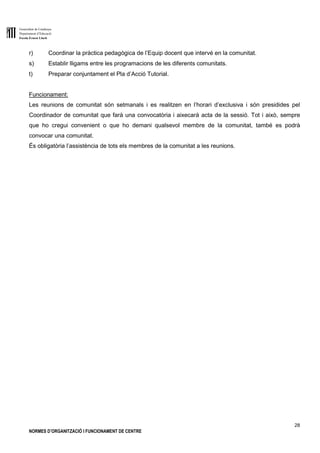 Generalitat de Catalunya
Departament d’Educació
Escola Ernest Lluch
28
NORMES D’ORGANITZACIÓ I FUNCIONAMENT DE CENTRE
r) Coordinar la pràctica pedagògica de l’Equip docent que intervé en la comunitat.
s) Establir lligams entre les programacions de les diferents comunitats.
t) Preparar conjuntament el Pla d’Acció Tutorial.
Funcionament:
Les reunions de comunitat són setmanals i es realitzen en l’horari d’exclusiva i són presidides pel
Coordinador de comunitat que farà una convocatòria i aixecarà acta de la sessió. Tot i això, sempre
que ho cregui convenient o que ho demani qualsevol membre de la comunitat, també es podrà
convocar una comunitat.
És obligatòria l’assistència de tots els membres de la comunitat a les reunions.
 