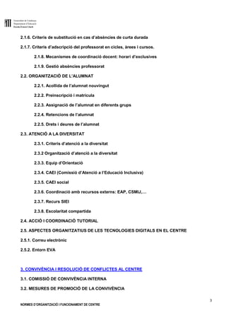 Generalitat de Catalunya
Departament d’Educació
Escola Ernest Lluch
3
NORMES D’ORGANITZACIÓ I FUNCIONAMENT DE CENTRE
2.1.6. Criteris de substitució en cas d’absències de curta durada
2.1.7. Criteris d’adscripció del professorat en cicles, àrees i cursos.
2.1.8. Mecanismes de coordinació docent: horari d’exclusives
2.1.9. Gestió absències professorat
2.2. ORGANITZACIÓ DE L’ALUMNAT
2.2.1. Acollida de l’alumnat nouvingut
2.2.2. Preinscripció i matrícula
2.2.3. Assignació de l’alumnat en diferents grups
2.2.4. Retencions de l’alumnat
2.2.5. Drets i deures de l’alumnat
2.3. ATENCIÓ A LA DIVERSITAT
2.3.1. Criteris d’atenció a la diversitat
2.3.2 Organització d’atenció a la diversitat
2.3.3. Equip d’Orientació
2.3.4. CAEI (Comissió d’Atenció a l’Educació Inclusiva)
2.3.5. CAEI social
2.3.6. Coordinació amb recursos externs: EAP, CSMIJ,…
2.3.7. Recurs SIEI
2.3.8. Escolaritat compartida
2.4. ACCIÓ I COORDINACIÓ TUTORIAL
2.5. ASPECTES ORGANITZATIUS DE LES TECNOLOGIES DIGITALS EN EL CENTRE
2.5.1. Correu electrònic
2.5.2. Entorn EVA
3. CONVIVÈNCIA I RESOLUCIÓ DE CONFLICTES AL CENTRE
3.1. COMISSIÓ DE CONVIVÈNCIA INTERNA
3.2. MESURES DE PROMOCIÓ DE LA CONVIVÈNCIA
 