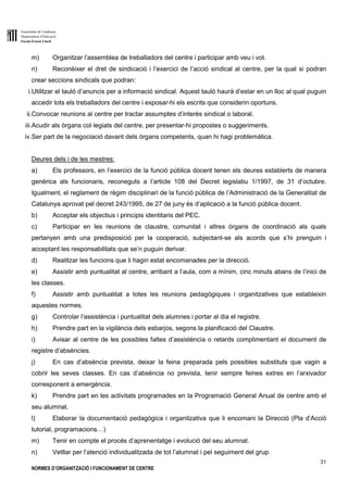 Generalitat de Catalunya
Departament d’Educació
Escola Ernest Lluch
31
NORMES D’ORGANITZACIÓ I FUNCIONAMENT DE CENTRE
m) Organitzar l’assemblea de treballadors del centre i participar amb veu i vot.
n) Reconèixer el dret de sindicació i l’exercici de l’acció sindical al centre, per la qual si podran
crear seccions sindicals que podran:
i.Utilitzar el tauló d’anuncis per a informació sindical. Aquest tauló haurà d’estar en un lloc al qual puguin
accedir tots els treballadors del centre i exposar-hi els escrits que considerin oportuns.
ii.Convocar reunions al centre per tractar assumptes d’interès sindical o laboral.
iii.Acudir als òrgans col·legiats del centre, per presentar-hi propostes o suggeriments.
iv.Ser part de la negociació davant dels òrgans competents, quan hi hagi problemàtica.
Deures dels i de les mestres:
a) Els professors, en l’exercici de la funció pública docent tenen els deures establerts de manera
genèrica als funcionaris, reconeguts a l’article 108 del Decret legislatiu 1/1997, de 31 d’octubre.
Igualment, el reglament de règim disciplinari de la funció pública de l’Administració de la Generalitat de
Catalunya aprovat pel decret 243/1995, de 27 de juny és d’aplicació a la funció pública docent.
b) Acceptar els objectius i principis identitaris del PEC.
c) Participar en les reunions de claustre, comunitat i altres òrgans de coordinació als quals
pertanyen amb una predisposició per la cooperació, subjectant-se als acords que s’hi prenguin i
acceptant les responsabilitats que se’n puguin derivar.
d) Realitzar les funcions que li hagin estat encomanades per la direcció.
e) Assistir amb puntualitat al centre, arribant a l’aula, com a mínim, cinc minuts abans de l’inici de
les classes.
f) Assistir amb puntualitat a totes les reunions pedagògiques i organitzatives que estableixin
aquestes normes.
g) Controlar l’assistència i puntualitat dels alumnes i portar al dia el registre.
h) Prendre part en la vigilància dels esbarjos, segons la planificació del Claustre.
i) Avisar al centre de les possibles faltes d’assistència o retards complimentant el document de
registre d’absències.
j) En cas d’absència prevista, deixar la feina preparada pels possibles substituts que vagin a
cobrir les seves classes. En cas d’absència no prevista, tenir sempre feines extres en l’arxivador
corresponent a emergència.
k) Prendre part en les activitats programades en la Programació General Anual de centre amb el
seu alumnat.
l) Elaborar la documentació pedagògica i organitzativa que li encomani la Direcció (Pla d’Acció
tutorial, programacions…)
m) Tenir en compte el procés d’aprenentatge i evolució del seu alumnat.
n) Vetllar per l’atenció individualitzada de tot l’alumnat i pel seguiment del grup.
 