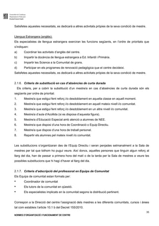 Generalitat de Catalunya
Departament d’Educació
Escola Ernest Lluch
35
NORMES D’ORGANITZACIÓ I FUNCIONAMENT DE CENTRE
Satisfetes aquestes necessitats, es dedicarà a altres activitats pròpies de la seva condició de mestre.
Llengua Estrangera (anglès):
Els especialistes de llengua estrangera exerciran les funcions següents, en l’ordre de prioritats que
s’indiquen:
a) Coordinar les activitats d’anglès del centre.
b) Impartir la docència de llengua estrangera a Ed. Infantil i Primària.
c) Impartir les Science a la Comunitat de grans.
d) Participar en els programes de renovació pedagògica que el centre decideixi.
Satisfetes aquestes necessitats, es dedicarà a altres activitats pròpies de la seva condició de mestre.
2.1.6. Criteris de substitució en cas d’absències de curta durada
Els criteris, per a cobrir la substitució d’un mestre/a en cas d’absències de curta durada són els
següents per ordre de prioritat:
1. Mestre/a que estigui fent reforç i/o desdoblament en aquella classe en aquell moment.
2. Mestre/a que estigui fent reforç i/o desdoblament en aquell mateix nivell i/o comunitat.
3. Mestre/a que estigui fent reforç i/o desdoblament en un altre nivell i/o comunitat.
4. Mestre/a d’aula d’Acollida (si es disposa d’aquesta figura).
5. Mestre/a d’Educació Especial amb atenció a alumnes de NEE.
6. Mestre/a que disposi d’una hora de Coordinació o Equip Directiu.
7. Mestre/a que disposi d’una hora de treball personal.
8. Repartir els alumnes pel mateix nivell i/o comunitat.
Les substitucions s’organitzaran des de l’Equip Directiu i seran penjades setmanalment a la Sala de
mestres per tal que tothom ho pugui veure. Així doncs, aquelles persones que tinguin algun reforç al
llarg del dia, han de passar a primera hora del matí o de la tarda per la Sala de mestres a veure les
possibles substitucions que hi hagi d’haver al llarg del dia.
2.1.7. Criteris d’adscripció del professorat en Equips de Comunitat
Els Equips de comunitat estan formats per:
● Coordinador de comunitat
● Els tutors de la comunitat en qüestió.
● Els especialistes implicats en la comunitat segons la distribució pertinent.
Correspon a la Direcció del centre l’assignació dels mestres a les diferents comunitats, cursos i àrees
tal com estableix l’article 10.1 b del Decret 155/2010.
 