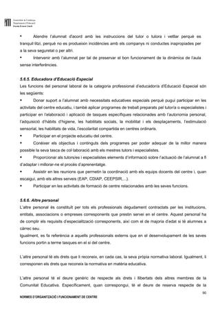 Generalitat de Catalunya
Departament d’Educació
Escola Ernest Lluch
90
NORMES D’ORGANITZACIÓ I FUNCIONAMENT DE CENTRE
● Atendre l’alumnat d'acord amb les instruccions del tutor o tutora i vetllar perquè es
tranquil·litzi, perquè no es produeixin incidències amb els companys ni conductes inapropiades per
a la seva seguretat o per altri.
● Intervenir amb l’alumnat per tal de preservar el bon funcionament de la dinàmica de l’aula
sense interferències.
5.6.5. Educadora d’Educació Especial
Les funcions del personal laboral de la categoria professional d’educador/a d’Educació Especial són
les següents:
● Donar suport a l’alumnat amb necessitats educatives especials perquè pugui participar en les
activitats del centre educatiu, i també aplicar programes de treball preparats pel tutor/a o especialistes i
participar en l’elaboració i aplicació de tasques específiques relacionades amb l’autonomia personal,
l’adquisició d’hàbits d’higiene, les habilitats socials, la mobilitat i els desplaçaments, l’estimulació
sensorial, les habilitats de vida, l’escolaritat compartida en centres ordinaris.
● Participar en el projecte educatiu del centre.
● Conèixer els objectius i continguts dels programes per poder adequar de la millor manera
possible la seva tasca de col·laboració amb els mestres tutors i especialistes.
● Proporcionar als tutors/es i especialistes elements d’informació sobre l’actuació de l’alumnat a fi
d’adaptar i millorar-ne el procés d’aprenentatge.
● Assistir en les reunions que permetin la coordinació amb els equips docents del centre i, quan
escaigui, amb els altres serveis (EAP, CDIAP, CEEPSIR,...).
● Participar en les activitats de formació de centre relacionades amb les seves funcions.
5.6.6. Altre personal
L’altre personal és constituït per tots els professionals degudament contractats per les institucions,
entitats, associacions o empreses corresponents que prestin servei en el centre. Aquest personal ha
de complir els requisits d’especialització corresponents, així com el de majoria d’edat si té alumnes a
càrrec seu.
Igualment, es fa referència a aquells professionals externs que en el desenvolupament de les seves
funcions portin a terme tasques en el si del centre.
L’altre personal té els drets que li reconeix, en cada cas, la seva pròpia normativa laboral. Igualment, li
corresponen els drets que reconeix la normativa en matèria educativa.
L’altre personal té el deure genèric de respecte als drets i llibertats dels altres membres de la
Comunitat Educativa. Específicament, quan correspongui, té el deure de reserva respecte de la
 