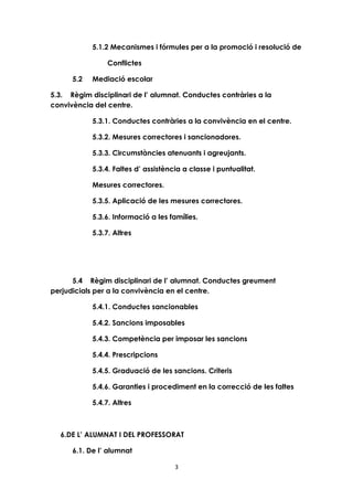 5.1.2 Mecanismes i fórmules per a la promoció i resolució de 
3 
Conflictes 
5.2 Mediació escolar 
5.3. Règim disciplinari de l’ alumnat. Conductes contràries a la 
convivència del centre. 
5.3.1. Conductes contràries a la convivència en el centre. 
5.3.2. Mesures correctores i sancionadores. 
5.3.3. Circumstàncies atenuants i agreujants. 
5.3.4. Faltes d’ assistència a classe i puntualitat. 
Mesures correctores. 
5.3.5. Aplicació de les mesures correctores. 
5.3.6. Informació a les famílies. 
5.3.7. Altres 
5.4 Règim disciplinari de l’ alumnat. Conductes greument 
perjudicials per a la convivència en el centre. 
5.4.1. Conductes sancionables 
5.4.2. Sancions imposables 
5.4.3. Competència per imposar les sancions 
5.4.4. Prescripcions 
5.4.5. Graduació de les sancions. Criteris 
5.4.6. Garanties i procediment en la correcció de les faltes 
5.4.7. Altres 
6.DE L’ ALUMNAT I DEL PROFESSORAT 
6.1. De l’ alumnat 
 