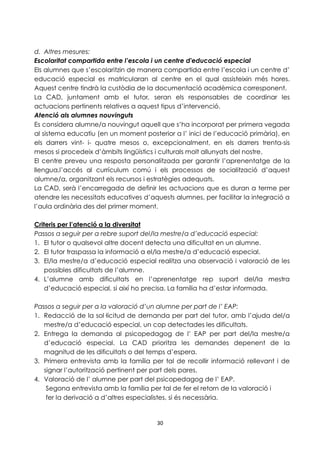 d. Altres mesures: 
Escolaritat compartida entre l’escola i un centre d'educació especial 
Els alumnes que s’escolaritzin de manera compartida entre l’escola i un centre d’ 
educació especial es matricularan al centre en el qual assisteixin més hores. 
Aquest centre tindrà la custòdia de la documentació acadèmica corresponent. 
La CAD, juntament amb el tutor, seran els responsables de coordinar les 
actuacions pertinents relatives a aquest tipus d’intervenció. 
Atenció als alumnes nouvinguts 
Es considera alumne/a nouvingut aquell que s’ha incorporat per primera vegada 
al sistema educatiu (en un moment posterior a l’ inici de l’educació primària), en 
els darrers vint- i- quatre mesos o, excepcionalment, en els darrers trenta-sis 
mesos si procedeix d’àmbits lingüístics i culturals molt allunyats del nostre. 
El centre preveu una resposta personalitzada per garantir l’aprenentatge de la 
llengua,l’accés al currículum comú i els processos de socialització d’aquest 
alumne/a, organitzant els recursos i estratègies adequats. 
La CAD, serà l’encarregada de definir les actuacions que es duran a terme per 
atendre les necessitats educatives d’aquests alumnes, per facilitar la integració a 
l’aula ordinària des del primer moment. 
Criteris per l’atenció a la diversitat 
Passos a seguir per a rebre suport del/la mestre/a d’educació especial: 
1. El tutor o qualsevol altre docent detecta una dificultat en un alumne. 
2. El tutor traspassa la informació a el/la mestre/a d’educació especial. 
3. El/la mestre/a d’educació especial realitza una observació i valoració de les 
30 
possibles dificultats de l’alumne. 
4. L’alumne amb dificultats en l’aprenentatge rep suport del/la mestra 
d’educació especial, si així ho precisa. La família ha d’estar informada. 
Passos a seguir per a la valoració d’un alumne per part de l’ EAP: 
1. Redacció de la sol·licitud de demanda per part del tutor, amb l’ajuda del/a 
mestre/a d’educació especial, un cop detectades les dificultats. 
2. Entrega la demanda al psicopedagog de l’ EAP per part del/la mestre/a 
d’educació especial. La CAD prioritza les demandes depenent de la 
magnitud de les dificultats o del temps d’espera. 
3. Primera entrevista amb la família per tal de recollir informació rellevant i de 
signar l’autorització pertinent per part dels pares. 
4. Valoració de l’ alumne per part del psicopedagog de l’ EAP. 
Segona entrevista amb la família per tal de fer el retorn de la valoració i 
fer la derivació a d’altres especialistes, si és necessària. 
 