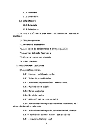 4 
6.1.1. Dels drets 
6.1.2. Dels deures 
6.2. Del professorat 
6.2.1. Dels drets 
6.2.2. Dels deures 
7. COL. LABORACIÓ I PARTICIPACIÓ DELS SECTORS DE LA COMUNITAT 
ESCOLAR. 
7.1.Qüestions generals 
7.2. Informació a les famílies 
7.3. Associació de pares i mares d’ alumnes ( AMPA) 
7.4. Alumnes delegats. Assemblea 
7.5. Carta de compromís educatiu 
7.6. Altres qüestions 
8. FUNCIONAMENT DEL CENTRE 
8.1. Aspectes generals. 
8.1.1. Entrades i sortides del centre. 
8.1.2. Visites de pares i tutories 
8.1.3. Activitats complementàries i extraescolars. 
8.1.4. Vigilància de l’ esbarjo 
8.1.5. De les absències 
8.1.6. Horari del centre 
8.1.7. Utilització dels recursos materials 
8.1.8. Actuacions en el supòsit de retard en la recollida de l’ 
alumnat a la sortida del centre. 
8.1.9. Actuacions en el supòsit d’ absentisme de l’ alumnat 
8.1.10. Admissió d’ alumnes malalts i dels accidents 
8.1.11. Seguretat, higiene i salut 
 
