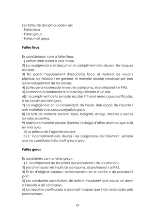 47 
Les faltes de disciplina poden ser: 
- Faltes lleus 
- Faltes greus 
- Faltes molt greus 
Faltes lleus 
Es consideraran com a faltes lleus: 
1) Arribar amb retard a una classe. 
2) La negligència o el descuit en el compliment dels deures i les tasques 
escolars. 
3) No portar l’equipament d’educació física, el material de visual i 
plàstica, de música i en general, el material escolar necessari pel bon 
desenvolupament de les classes. 
4) La lleugera incorrecció envers els companys, el professorat i el PAS. 
5) La manca d’assistència a l’escola injustificada d’un dia. 
6)L’ incompliment de la jornada escolar i l’horari sense causa justificada, 
si no constitueix falta greu. 
7) La negligència en la conservació de l’aula, dels espais de l’escola i 
dels materials si no causa perjudicis greus. 
8) Els furts de material escolar: llapis, bolígrafs, estoigs, llibretes o peces 
de roba esportiva. 
9) Malmetre material escolar (llibretes i estoigs) d’altres alumnes que està 
en una aula. 
10) La pèrdua de l’agenda escolar. 
11) L’ incompliment dels deures i les obligacions de l’alumnat, sempre 
que no constitueixi falta molt greu o greu. 
Faltes greus 
Es consideren com a faltes greus: 
1) L’ incompliment de les ordres del professorat i de les sancions. 
2) Les amenaces i els insults als companys, al professorat i al PAS. 
3) El fet d’originar baralles i enfrontaments en el centre o de prendre-hi 
part. 
5) Les conductes constitutives de delicte fraudulent que causin un dany 
a l’escola o als companys. 
6) La negativa continuada a acomplir tasques que li són ordenades pels 
professors/res. 
 