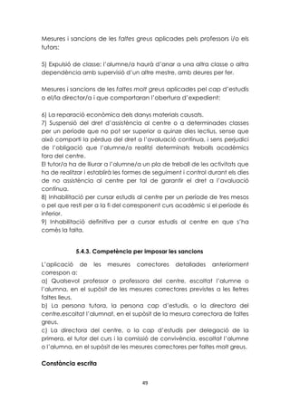 Mesures i sancions de les faltes greus aplicades pels professors i/o els 
tutors: 
5) Expulsió de classe; l’alumne/a haurà d’anar a una altra classe o altra 
dependència amb supervisió d’un altre mestre, amb deures per fer. 
Mesures i sancions de les faltes molt greus aplicades pel cap d’estudis 
o el/la director/a i que comportaran l’obertura d’expedient: 
6) La reparació econòmica dels danys materials causats. 
7) Suspensió del dret d’assistència al centre o a determinades classes 
per un període que no pot ser superior a quinze dies lectius, sense que 
això comporti la pèrdua del dret a l’avaluació contínua, i sens perjudici 
de l’obligació que l’alumne/a realitzi determinats treballs acadèmics 
fora del centre. 
El tutor/a ha de lliurar a l’alumne/a un pla de treball de les activitats que 
ha de realitzar i establirà les formes de seguiment i control durant els dies 
de no assistència al centre per tal de garantir el dret a l’avaluació 
contínua. 
8) Inhabilitació per cursar estudis al centre per un període de tres mesos 
o pel que resti per a la fi del corresponent curs acadèmic si el període és 
inferior. 
9) Inhabilitació definitiva per a cursar estudis al centre en que s’ha 
comès la falta. 
5.4.3. Competència per imposar les sancions 
L’aplicació de les mesures correctores detallades anteriorment 
correspon a: 
a) Qualsevol professor o professora del centre, escoltat l’alumne o 
l’alumna, en el supòsit de les mesures correctores previstes a les lletres 
faltes lleus. 
b) La persona tutora, la persona cap d’estudis, o la directora del 
centre,escoltat l’alumnat, en el supòsit de la mesura correctora de faltes 
greus. 
c) La directora del centre, o la cap d’estudis per delegació de la 
primera, el tutor del curs i la comissió de convivència, escoltat l’alumne 
o l’alumna, en el supòsit de les mesures correctores per faltes molt greus. 
49 
Constància escrita 
 