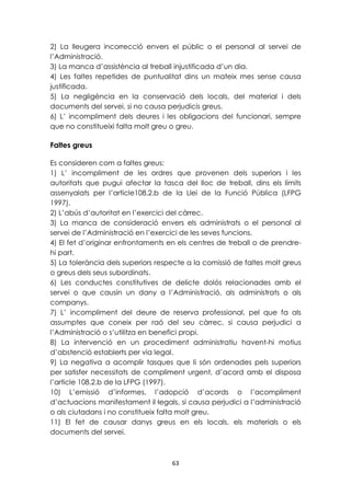 2) La lleugera incorrecció envers el públic o el personal al servei de 
l’Administració. 
3) La manca d’assistència al treball injustificada d’un dia. 
4) Les faltes repetides de puntualitat dins un mateix mes sense causa 
justificada. 
5) La negligència en la conservació dels locals, del material i dels 
documents del servei, si no causa perjudicis greus. 
6) L’ incompliment dels deures i les obligacions del funcionari, sempre 
que no constitueixi falta molt greu o greu. 
63 
Faltes greus 
Es consideren com a faltes greus: 
1) L’ incompliment de les ordres que provenen dels superiors i les 
autoritats que pugui afectar la tasca del lloc de treball, dins els límits 
assenyalats per l’article108.2.b de la Llei de la Funció Pública (LFPG 
1997). 
2) L’abús d’autoritat en l’exercici del càrrec. 
3) La manca de consideració envers els administrats o el personal al 
servei de l’Administració en l’exercici de les seves funcions. 
4) El fet d’originar enfrontaments en els centres de treball o de prendre-hi 
part. 
5) La tolerància dels superiors respecte a la comissió de faltes molt greus 
o greus dels seus subordinats. 
6) Les conductes constitutives de delicte dolós relacionades amb el 
servei o que causin un dany a l’Administració, als administrats o als 
companys. 
7) L’ incompliment del deure de reserva professional, pel que fa als 
assumptes que coneix per raó del seu càrrec, si causa perjudici a 
l’Administració o s’utilitza en benefici propi. 
8) La intervenció en un procediment administratiu havent-hi motius 
d’abstenció establerts per via legal. 
9) La negativa a acomplir tasques que li són ordenades pels superiors 
per satisfer necessitats de compliment urgent, d’acord amb el disposa 
l’article 108.2.b de la LFPG (1997). 
10) L’emissió d’informes, l’adopció d’acords o l’acompliment 
d’actuacions manifestament il·legals, si causa perjudici a l’administració 
o als ciutadans i no constitueix falta molt greu. 
11) El fet de causar danys greus en els locals, els materials o els 
documents del servei. 
 