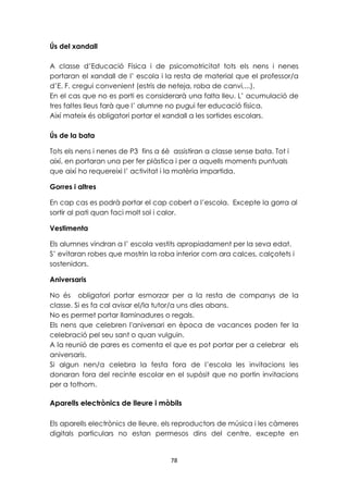 78 
Ús del xandall 
A classe d’Educació Física i de psicomotricitat tots els nens i nenes 
portaran el xandall de l’ escola i la resta de material que el professor/a 
d’E. F. cregui convenient (estris de neteja, roba de canvi,...). 
En el cas que no es porti es considerarà una falta lleu. L’ acumulació de 
tres faltes lleus farà que l’ alumne no pugui fer educació física. 
Així mateix és obligatori portar el xandall a les sortides escolars. 
Ús de la bata 
Tots els nens i nenes de P3 fins a 6è assistiran a classe sense bata. Tot i 
així, en portaran una per fer plàstica i per a aquells moments puntuals 
que així ho requereixi l’ activitat i la matèria impartida. 
Gorres i altres 
En cap cas es podrà portar el cap cobert a l’escola. Excepte la gorra al 
sortir al pati quan faci molt sol i calor. 
Vestimenta 
Els alumnes vindran a l’ escola vestits apropiadament per la seva edat. 
S’ evitaran robes que mostrin la roba interior com ara calces, calçotets i 
sostenidors. 
Aniversaris 
No és obligatori portar esmorzar per a la resta de companys de la 
classe. Si es fa cal avisar el/la tutor/a uns dies abans. 
No es permet portar llaminadures o regals. 
Els nens que celebren l'aniversari en època de vacances poden fer la 
celebració pel seu sant o quan vulguin. 
A la reunió de pares es comenta el que es pot portar per a celebrar els 
aniversaris. 
Si algun nen/a celebra la festa fora de l’escola les invitacions les 
donaran fora del recinte escolar en el supòsit que no portin invitacions 
per a tothom. 
Aparells electrònics de lleure i mòbils 
Els aparells electrònics de lleure, els reproductors de música i les càmeres 
digitals particulars no estan permesos dins del centre, excepte en 
 