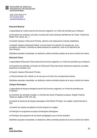 Generalitat de Catalunya
Departament d’Ensenyament
Escola Damià Mateu
Carrer Frederic Marès 52-56
08450 Llinars del Vallès
Tel. i Fax 93 841 09 85
ceipdamiamateu@xtec.cat
NOFC
Escola Damià Mateu
35
Educació Musical
L’especialista de música exercirà les funcions següents, en l’ordre de prioritats que s’indiquen:
a) Coordinar les activitats curriculars musicals del centre (Danses del Berenar de Tardor, Festival de
Nadal, Fem dansa, etc...).
b) Impartir classes a l’Educació Primària, atenent a les dedicacions horàries establertes.
c) Impartir classes a Educació Infantil, si el seu horari li ho permet. En aquest cas, si es
considera convenient, l’activitat es desenvoluparà en presència i amb la col·laboració del
tutor del grup.
Satisfetes aquestes necessitats, es dedicarà a altres activitats pròpies de la seva condició de mestre.
Educació Física:
L’especialista d’Educació Física exercirà les funcions següents, en l’ordre de prioritats que s’indiquen:
a) Coordinar les activitats curriculars de l’Educació Física del centre (intercanvis esportius, jornades
esportives municipals, etc).
b) Impartir classes d’Educació Primària.
c) Psicomotricitat a Ed. Infantil, en el cas que no ho facin les corresponents tutores.
Satisfetes aquestes necessitats, es dedicarà a altres activitats pròpies de la seva condició de mestre.
Llengua Estrangera:
L’especialista de llengua estragerà exercirà les funcions següents, en l’ordre de prioritats que
s’indiquen:
a) Coordinar les activitats d’anglès i /o francès del centre (Projectes europeus, English Festival,
Teatre en anglès al CM i CS, etc).
b) Impartir la docència de llengua estrangera a Ed.Infantil i Primària (en anglès i també francès al
CS).
c) Impartir les classes de plàstica al Cicle Superior en anglès.
d) Participar en programes europeus de llengües estrangeres.
e) Participar als programes de renovació pedagògica que el centre decideixi.
Satisfetes aquestes necessitats, es dedicarà a altres activitats pròpies de la seva condició de mestre.
 