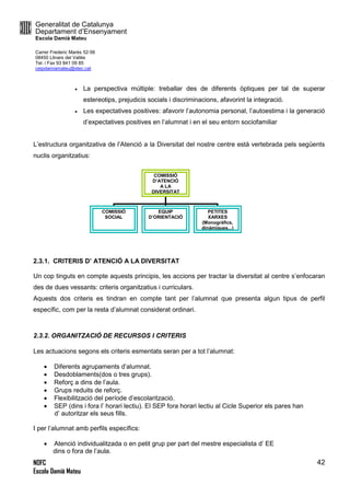 Generalitat de Catalunya
Departament d’Ensenyament
Escola Damià Mateu
Carrer Frederic Marès 52-56
08450 Llinars del Vallès
Tel. i Fax 93 841 09 85
ceipdamiamateu@xtec.cat
NOFC
Escola Damià Mateu
42
 La perspectiva múltiple: treballar des de diferents òptiques per tal de superar
estereotips, prejudicis socials i discriminacions, afavorint la integració.
 Les expectatives positives: afavorir l’autonomia personal, l’autoestima i la generació
d’expectatives positives en l’alumnat i en el seu entorn sociofamiliar
L’estructura organitzativa de l’Atenció a la Diversitat del nostre centre està vertebrada pels següents
nuclis organitzatius:
2.3.1. CRITERIS D’ ATENCIÓ A LA DIVERSITAT
Un cop tinguts en compte aquests principis, les accions per tractar la diversitat al centre s’enfocaran
des de dues vessants: criteris organitzatius i curriculars.
Aquests dos criteris es tindran en compte tant per l’alumnat que presenta algun tipus de perfil
específic, com per la resta d’alumnat considerat ordinari.
2.3.2. ORGANITZACIÓ DE RECURSOS I CRITERIS
Les actuacions segons els criteris esmentats seran per a tot l’alumnat:
 Diferents agrupaments d’alumnat.
 Desdoblaments(dos o tres grups).
 Reforç a dins de l’aula.
 Grups reduits de reforç.
 Flexibilització del període d’escolarització.
 SEP (dins i fora l’ horari lectiu). El SEP fora horari lectiu al Cicle Superior els pares han
d’ autoritzar els seus fills.
I per l’alumnat amb perfils específics:
 Atenció individualitzada o en petit grup per part del mestre especialista d’ EE
dins o fora de l’aula.
COMISSIÓ
D’ATENCIÓ
A LA
DIVERSITAT
COMISSIÓ
SOCIAL
(EE+EAP+SS)
EQUIP
D’ORIENTACIÓ
(EE+EAP)
PETITES
XARXES
(Monogràfics,
dinàmiques,..)
 