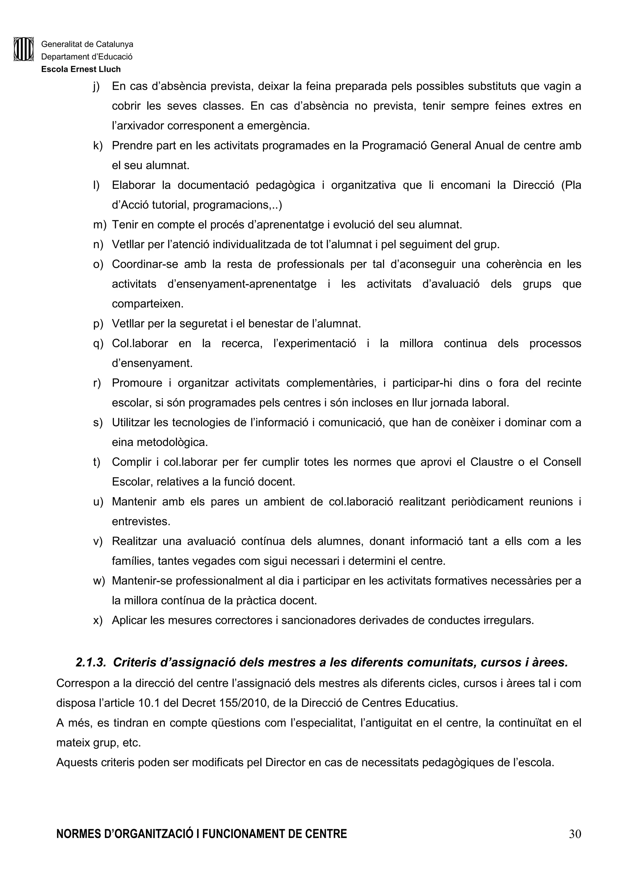 Generalitat de Catalunya
Departament d’Educació
Escola Ernest Lluch
NORMES D’ORGANITZACIÓ I FUNCIONAMENT DE CENTRE 30
j) En cas d’absència prevista, deixar la feina preparada pels possibles substituts que vagin a
cobrir les seves classes. En cas d’absència no prevista, tenir sempre feines extres en
l’arxivador corresponent a emergència.
k) Prendre part en les activitats programades en la Programació General Anual de centre amb
el seu alumnat.
l) Elaborar la documentació pedagògica i organitzativa que li encomani la Direcció (Pla
d’Acció tutorial, programacions,..)
m) Tenir en compte el procés d’aprenentatge i evolució del seu alumnat.
n) Vetllar per l’atenció individualitzada de tot l’alumnat i pel seguiment del grup.
o) Coordinar-se amb la resta de professionals per tal d’aconseguir una coherència en les
activitats d’ensenyament-aprenentatge i les activitats d’avaluació dels grups que
comparteixen.
p) Vetllar per la seguretat i el benestar de l’alumnat.
q) Col.laborar en la recerca, l’experimentació i la millora continua dels processos
d’ensenyament.
r) Promoure i organitzar activitats complementàries, i participar-hi dins o fora del recinte
escolar, si són programades pels centres i són incloses en llur jornada laboral.
s) Utilitzar les tecnologies de l’informació i comunicació, que han de conèixer i dominar com a
eina metodològica.
t) Complir i col.laborar per fer cumplir totes les normes que aprovi el Claustre o el Consell
Escolar, relatives a la funció docent.
u) Mantenir amb els pares un ambient de col.laboració realitzant periòdicament reunions i
entrevistes.
v) Realitzar una avaluació contínua dels alumnes, donant informació tant a ells com a les
famílies, tantes vegades com sigui necessari i determini el centre.
w) Mantenir-se professionalment al dia i participar en les activitats formatives necessàries per a
la millora contínua de la pràctica docent.
x) Aplicar les mesures correctores i sancionadores derivades de conductes irregulars.
2.1.3. Criteris d’assignació dels mestres a les diferents comunitats, cursos i àrees.
Correspon a la direcció del centre l’assignació dels mestres als diferents cicles, cursos i àrees tal i com
disposa l’article 10.1 del Decret 155/2010, de la Direcció de Centres Educatius.
A més, es tindran en compte qüestions com l’especialitat, l’antiguitat en el centre, la continuïtat en el
mateix grup, etc.
Aquests criteris poden ser modificats pel Director en cas de necessitats pedagògiques de l’escola.
 