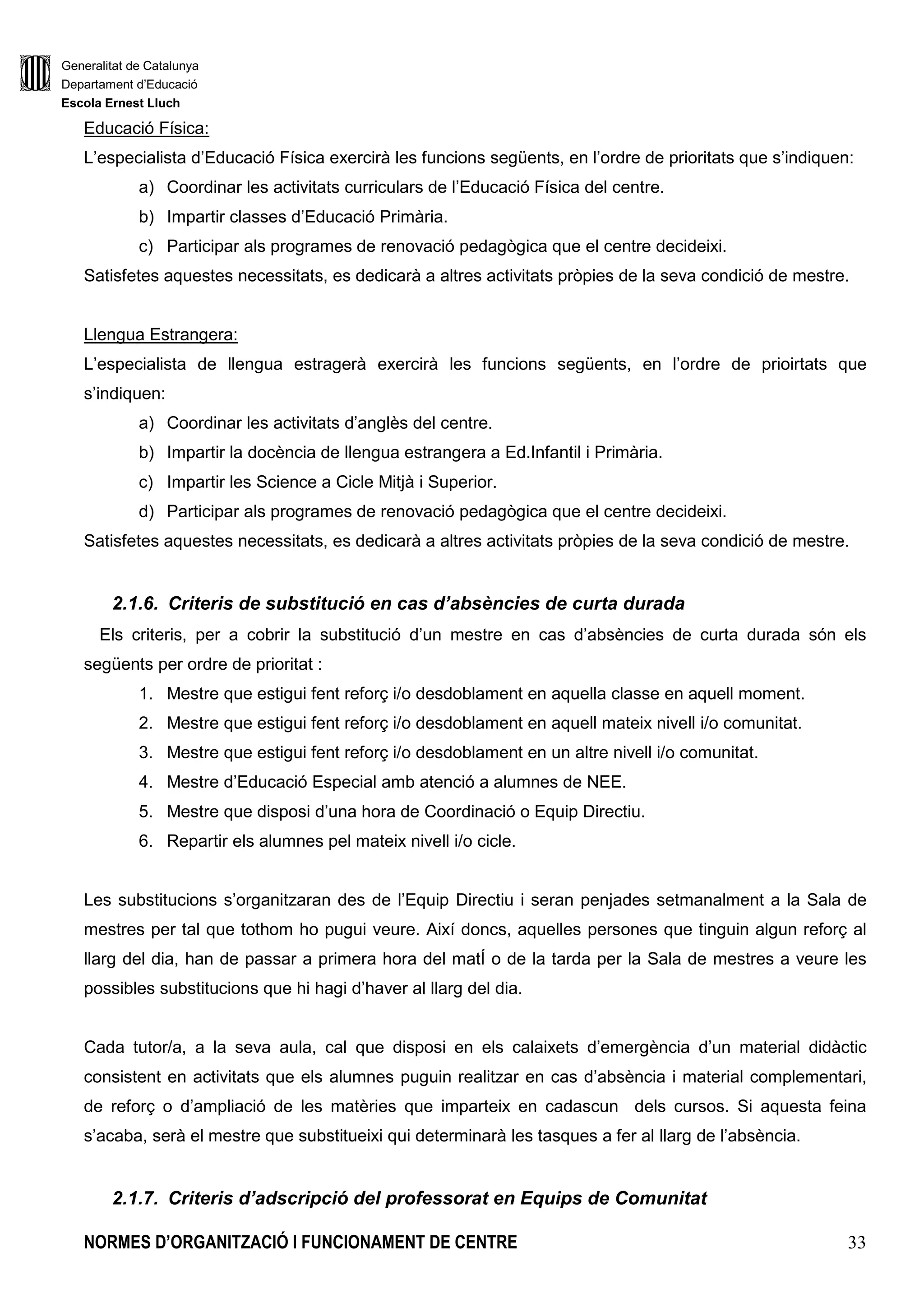 Generalitat de Catalunya
Departament d’Educació
Escola Ernest Lluch
NORMES D’ORGANITZACIÓ I FUNCIONAMENT DE CENTRE 33
Educació Física:
L’especialista d’Educació Física exercirà les funcions següents, en l’ordre de prioritats que s’indiquen:
a) Coordinar les activitats curriculars de l’Educació Física del centre.
b) Impartir classes d’Educació Primària.
c) Participar als programes de renovació pedagògica que el centre decideixi.
Satisfetes aquestes necessitats, es dedicarà a altres activitats pròpies de la seva condició de mestre.
Llengua Estrangera:
L’especialista de llengua estragerà exercirà les funcions següents, en l’ordre de prioirtats que
s’indiquen:
a) Coordinar les activitats d’anglès del centre.
b) Impartir la docència de llengua estrangera a Ed.Infantil i Primària.
c) Impartir les Science a Cicle Mitjà i Superior.
d) Participar als programes de renovació pedagògica que el centre decideixi.
Satisfetes aquestes necessitats, es dedicarà a altres activitats pròpies de la seva condició de mestre.
2.1.6. Criteris de substitució en cas d’absències de curta durada
Els criteris, per a cobrir la substitució d’un mestre en cas d’absències de curta durada són els
següents per ordre de prioritat :
1. Mestre que estigui fent reforç i/o desdoblament en aquella classe en aquell moment.
2. Mestre que estigui fent reforç i/o desdoblament en aquell mateix nivell i/o comunitat.
3. Mestre que estigui fent reforç i/o desdoblament en un altre nivell i/o comunitat.
4. Mestre d’Educació Especial amb atenció a alumnes de NEE.
5. Mestre que disposi d’una hora de Coordinació o Equip Directiu.
6. Repartir els alumnes pel mateix nivell i/o cicle.
Les substitucions s’organitzaran des de l’Equip Directiu i seran penjades setmanalment a la Sala de
mestres per tal que tothom ho pugui veure. Així doncs, aquelles persones que tinguin algun reforç al
llarg del dia, han de passar a primera hora del matÍ o de la tarda per la Sala de mestres a veure les
possibles substitucions que hi hagi d’haver al llarg del dia.
Cada tutor/a, a la seva aula, cal que disposi en els calaixets d’emergència d’un material didàctic
consistent en activitats que els alumnes puguin realitzar en cas d’absència i material complementari,
de reforç o d’ampliació de les matèries que imparteix en cadascun dels cursos. Si aquesta feina
s’acaba, serà el mestre que substitueixi qui determinarà les tasques a fer al llarg de l’absència.
2.1.7. Criteris d’adscripció del professorat en Equips de Comunitat
 