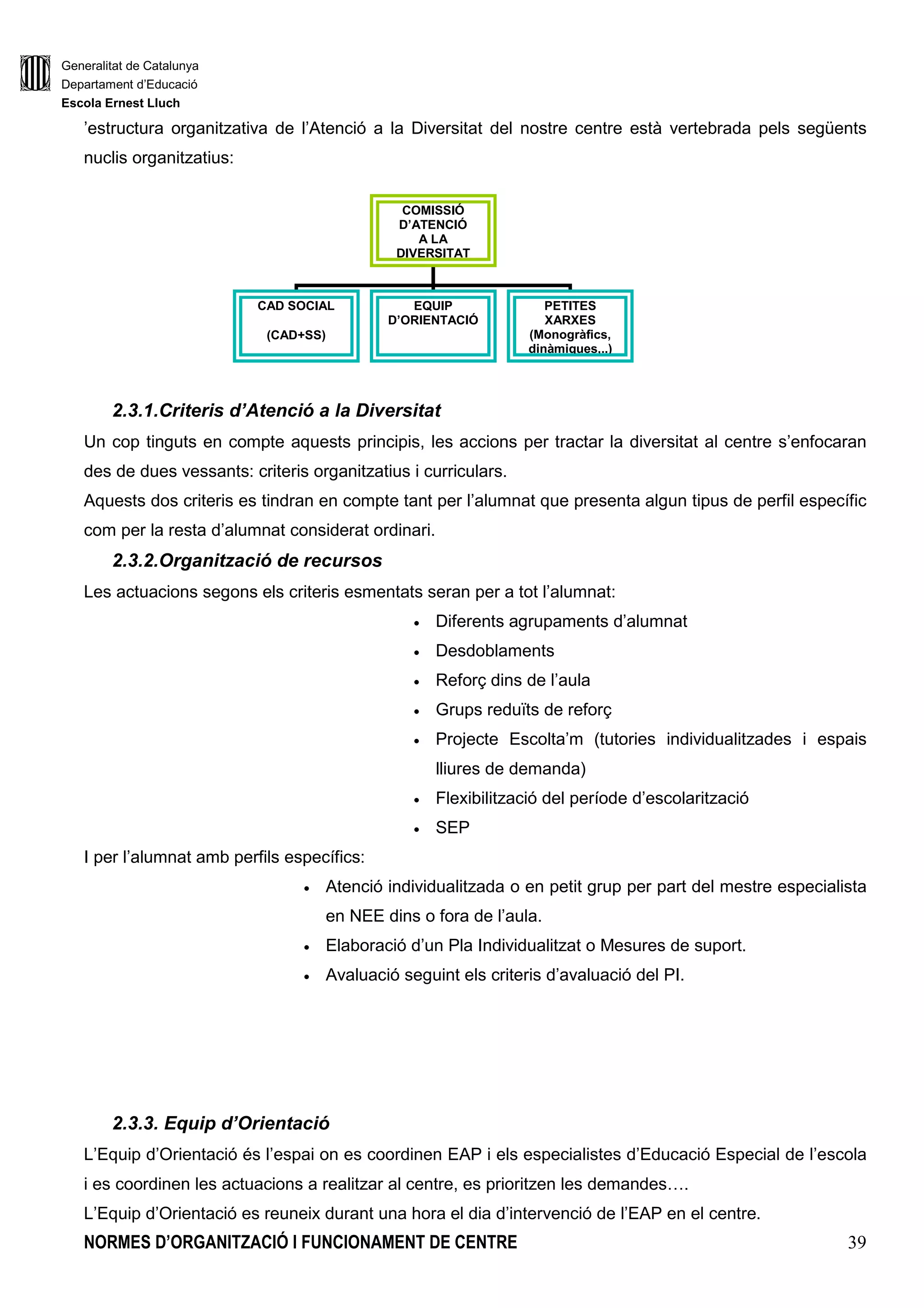 Generalitat de Catalunya
Departament d’Educació
Escola Ernest Lluch
NORMES D’ORGANITZACIÓ I FUNCIONAMENT DE CENTRE 39
’estructura organitzativa de l’Atenció a la Diversitat del nostre centre està vertebrada pels següents
nuclis organitzatius:
2.3.1.Criteris d’Atenció a la Diversitat
Un cop tinguts en compte aquests principis, les accions per tractar la diversitat al centre s’enfocaran
des de dues vessants: criteris organitzatius i curriculars.
Aquests dos criteris es tindran en compte tant per l’alumnat que presenta algun tipus de perfil específic
com per la resta d’alumnat considerat ordinari.
2.3.2.Organització de recursos
Les actuacions segons els criteris esmentats seran per a tot l’alumnat:
• Diferents agrupaments d’alumnat
• Desdoblaments
• Reforç dins de l’aula
• Grups reduïts de reforç
• Projecte Escolta’m (tutories individualitzades i espais
lliures de demanda)
• Flexibilització del període d’escolarització
• SEP
I per l’alumnat amb perfils específics:
• Atenció individualitzada o en petit grup per part del mestre especialista
en NEE dins o fora de l’aula.
• Elaboració d’un Pla Individualitzat o Mesures de suport.
• Avaluació seguint els criteris d’avaluació del PI.
2.3.3. Equip d’Orientació
L’Equip d’Orientació és l’espai on es coordinen EAP i els especialistes d’Educació Especial de l’escola
i es coordinen les actuacions a realitzar al centre, es prioritzen les demandes….
L’Equip d’Orientació es reuneix durant una hora el dia d’intervenció de l’EAP en el centre.
COMISSIÓ
D’ATENCIÓ
A LA
DIVERSITAT
CAD SOCIAL
(CAD+SS)
EQUIP
D’ORIENTACIÓ
PETITES
XARXES
(Monogràfics,
dinàmiques,..)
 
