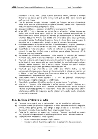 NOFC. Normes d’organització i funcionament del centre Escola Pompeu Fabra
24
passadissos i de les aules. Els/Les alumnes d’Educació Infantil, entraran al moment
d’iniciar-se les classes per la porta corresponent (pati de E.I.) i seran recollits pel
professorat de l’etapa.
c) Tant les entrades, sortides, baixades i pujades de l’esbarjo, així com els canvis de
classe, seran realitzats ordenadament pels/per les alumnes, tot fent files i acompanyats
del tutor/a o especialista que imparteixi la classe.
d) No es permetrà l’accés a les classes fora de l’horari assenyalat en el PAC.
e) A les 9,10 i 15,10 es tancaran les portes d’accés al centre, i els/les alumnes que
arribin amb retard sense causa justificada de forma reiterada es comunicarà a la
treballadora social, perquè prengui les mesures que corresponguin. Al mateix temps
l’alumnat d’Educació Primària que també entri amb retard sense causa justificada,
romandrà al vestíbul fins finalitzar la primera hora de classe donat que entorpeix la
normalitat de la tasca educativa i perjudica la resta de companys i companyes.
f) Quan l’AMPA realitzi activitats extraescolars o complementaries, els pares romandran a
la zona de protecció fins la sortida dels seus fills i filles d’aquestesactivitats.
g) Els conflictes a l’aula seran atesos i resolts pel professor que atengui l’aula en aquell
moment. En cas d’un conflicte greu el professor podrà adreçar l’alumne/a al/a la
director/a o persona assignada.
h) Les activitats que realitzin els membres de l’AMPA respecte a la seva tasca, ho faran fora
de l’horari lectiu, llevat de tenir autorització de la direcció per motiu justificat.
i) L’alumnat no tindrà accés ni podrà romandre dins del recinte escolar, fora de l’horari
lectiu llevat de tenir autorització per motiu justificat. Un cop finalitzades les classes
solament podran romandre dins el recinte escolar l’alumnat que realitzi activitats
complementaries organitzades per l’AMPA i aprovades en la PAC.
j) L’alumnat que hagi d’absentar-se del centre dins l’horari lectiu, ho farà
acompanyat dels seus pares o tutors, prèvia comunicació al tutor/a corresponent i, si
es dóna el cas, se n’ha d’informar al professorat especialista, per la coincidència amb les
hores lectives sota la responsabilitat d’aquest.
k) Resta prohibit entrar al recinte escolar i a la zona de protecció en companyia
d’animals, jugar amb pilotes i passejar-se amb bicicleta.
l) Els vestíbuls i passadissos dels edificis, són llocs de pas, per tant no s’hi pot jugar.
m) Referent a l’alumnat, el/la director/a i els/les mestres tutors/es declinen tota
responsabilitat fora de l'horari lectiu. L’alumnat del menjador escolar i els que practiquin
activitats programades per l’Associació de Mares i Pares, o bé altres organismes, estaran
sota la responsabilitat de l'organisme que ha establert el menjador escolar o l'activitat
extraescolar programada.
3.1.3.- En relació a l’edifici i a les aules
a) L’alumnat respectarà el bon ús del mobiliari i de les instal·lacions del centre.
b) Qualsevol alumne que produeixi desperfectes al centre de forma voluntària o negligent,
pintura, vidres, portes, parets... està obligat a pagar el cost de la reparació. Si són
diversos els implicats, el cost quedarà dividit en parts proporcionals.
c) L’aula ha de presentar un aspecte net i ordenat, l’alumnat contribuirà en aquesta
tasca, ja que afavoreix a mantenir un ambient agradable pel treball i la bona convivència.
d) El comportament dins de l’aula serà el següent :
 Respectaran els seus companys i els/les mestres.
 Guardaran silenci durant les explicacions i realitzant les tasques escolars.
 