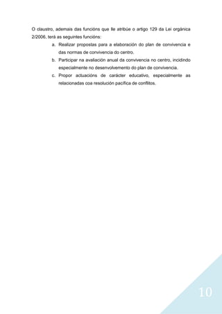 10
O claustro, ademais das funcións que lle atribúe o artigo 129 da Lei orgánica
2/2006, terá as seguintes funcións:
a. Realizar propostas para a elaboración do plan de convivencia e
das normas de convivencia do centro.
b. Participar na avaliación anual da convivencia no centro, incidindo
especialmente no desenvolvemento do plan de convivencia.
c. Propor actuacións de carácter educativo, especialmente as
relacionadas coa resolución pacífica de conflitos.
 