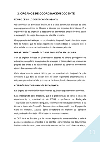 11
2. ORGANOS DE COORDINACIÓN DOCENTE
EQUIPO DE CICLO DE EDUCACIÓN INFANTIL
Os Mestres/as de Educación Infantil, se é o caso, constituirán equipos de ciclo
que agruparán a todos os Mestres e Mestras que impartan docencia nel. É o
órgano básico de organizar e desevolver as ensinanzas propias do ciclo baixo
a supervisión do xefe/a de estudos de infantil e primaria.
O equipo estará dirixido por un coordinador/a designado/a polo director/a e que
terá as función que lle sexan legalmente encomendadas e calquera que o
director/a lle encomende dentro do ámbito da súa competencia.
DEPARTAMENTOS DIDÁCTICOS NA EDUCACIÓN SECUNDARIA
Son os órganos básicos de participación docente no ámbito pedagóxico de
educación secundaria encargados de organizar e desenvolver as ensinanzas
propias das áreas e as actividades que a dirección do centro lle encomende
dentro das súas competencias.
Cada departamento estará dirixido por un coordinador/a designado/a polo
director/a e que terá as función que lle sexan legalmente encomendadas e
calquera que o director/a lle encomende dentro do ámbito da súa competencia.
COMISIÓN DE COORDINACIÓN PEDAGÓXICA
É o órgano de coordinación dos diferentes equipos e departamentos docentes.
Está indategrada polo director/a, que é o presidente/a; os xefes e xefas de
departamento, o coordinador/a do EDLG, o profesor/a de Pedagoxía
Terapéutica e/ou Audición e Linguaxe, coordinador/a de Educación Infantil e os
titores e titoras de Educación Primaria (tras a desaparición dos Equipos de
Ciclo en Primaria). Actuará como secretario/a un membro da comisión
designado polo director/a, oídos todos os e as componentes.
A CCP terá as función que lle sexan legalmente encomendadas e velará
porque se recollan as medidas e os acordos para incluílos nos documentos
institucionais do centro, concretamente nas concrecións curriculares de etapa,
 
