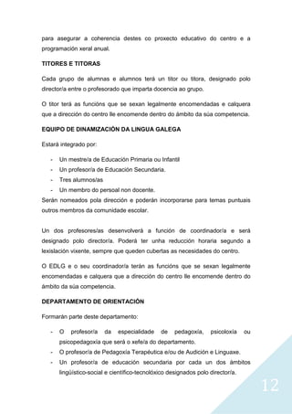 12
para asegurar a coherencia destes co proxecto educativo do centro e a
programación xeral anual.
TITORES E TITORAS
Cada grupo de alumnas e alumnos terá un titor ou titora, designado polo
director/a entre o profesorado que imparta docencia ao grupo.
O titor terá as funcións que se sexan legalmente encomendadas e calquera
que a dirección do centro lle encomende dentro do ámbito da súa competencia.
EQUIPO DE DINAMIZACIÓN DA LINGUA GALEGA
Estará integrado por:
- Un mestre/a de Educación Primaria ou Infantil
- Un profesor/a de Educación Secundaria.
- Tres alumnos/as
- Un membro do persoal non docente.
Serán nomeados pola dirección e poderán incorporarse para temas puntuais
outros membros da comunidade escolar.
Un dos profesores/as desenvolverá a función de coordinador/a e será
designado polo director/a. Poderá ter unha reducción horaria segundo a
lexislación vixente, sempre que queden cubertas as necesidades do centro.
O EDLG e o seu coordinador/a terán as funcións que se sexan legalmente
encomendadas e calquera que a dirección do centro lle encomende dentro do
ámbito da súa competencia.
DEPARTAMENTO DE ORIENTACIÓN
Formarán parte deste departamento:
- O profesor/a da especialidade de pedagoxía, psicoloxía ou
psicopedagoxía que será o xefe/a do departamento.
- O profesor/a de Pedagoxía Terapéutica e/ou de Audición e Linguaxe.
- Un profesor/a de educación secundaria por cada un dos ámbitos
lingüístico-social e científico-tecnolóxico designados polo director/a.
 