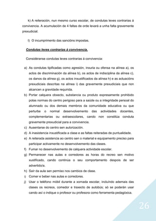 26
k) A reiteración, nun mesmo curso escolar, de condutas leves contrarias á
convivencia. A acumulación de 4 faltas de orde levará a unha falta gravemente
prexudicial.
l) O incumprimento das sancións impostas.
Condutas leves contrarias á convivencia.
Considéranse condutas leves contrarias á convivencia:
a) As condutas tipificadas como agresión, inxuria ou ofensa na alínea a), os
actos de discriminación da alínea b), os actos de indisciplina da alínea c),
os danos da alínea g), os actos inxustificados da alínea h) e as actuacións
prexudiciais descritas na alínea i) das gravemente prexudiciais que non
alcancen a gravidade requirida.
b) Portar calquera obxecto, substancia ou produto expresamente prohibido
polas normas do centro perigoso para a saúde ou a integridade persoal do
alumnado ou dos demais membros da comunidade educativa ou que
perturbe o normal desenvolvemento das actividades docentes,
complementarias ou extraescolares, cando non constitúa conduta
gravemente prexudicial para a convivencia.
c) Ausentarse do centro sen autorización.
d) A inasistencia inxustificada a clase e as faltas reiteradas de puntualidade.
e) A reiterada asistencia ao centro sen o material e equipamento preciso para
participar activamente no desenvolvemento das clases.
f) Fumar no desenvolvemento de calquera actividade escolar.
g) Permanecer nas aulas e corredores as horas do recreo sen motivo
xustificado, cando continúa o seu comportamento despois de ser
advertido/a.
h) Saír da aula sen permiso nos cambios de clase.
i) Comer e beber nas aulas e corredores.
j) Usar o teléfono móbil durante a xornada escolar, incluíndo ademais das
clases os recreos, comedor e traxecto de autobús; só se poderán usar
cando así o indique o profesor ou profesora como ferramenta pedagóxica.
 