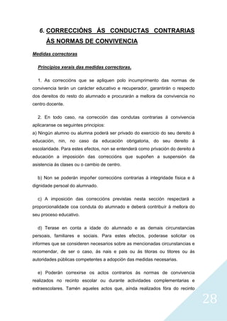 28
6. CORRECCIÓNS ÁS CONDUCTAS CONTRARIAS
ÁS NORMAS DE CONVIVENCIA
Medidas correctoras
Principios xerais das medidas correctoras.
1. As correccións que se apliquen polo incumprimento das normas de
convivencia terán un carácter educativo e recuperador, garantirán o respecto
dos dereitos do resto do alumnado e procurarán a mellora da convivencia no
centro docente.
2. En todo caso, na corrección das condutas contrarias á convivencia
aplicaranse os seguintes principios:
a) Ningún alumno ou alumna poderá ser privado do exercicio do seu dereito á
educación, nin, no caso da educación obrigatoria, do seu dereito á
escolaridade. Para estes efectos, non se entenderá como privación do dereito á
educación a imposición das correccións que supoñen a suspensión da
asistencia ás clases ou o cambio de centro.
b) Non se poderán impoñer correccións contrarias á integridade física e á
dignidade persoal do alumnado.
c) A imposición das correccións previstas nesta sección respectará a
proporcionalidade coa conduta do alumnado e deberá contribuír á mellora do
seu proceso educativo.
d) Terase en conta a idade do alumnado e as demais circunstancias
persoais, familiares e sociais. Para estes efectos, poderase solicitar os
informes que se consideren necesarios sobre as mencionadas circunstancias e
recomendar, de ser o caso, ás nais e pais ou ás titoras ou titores ou ás
autoridades públicas competentes a adopción das medidas necesarias.
e) Poderán correxirse os actos contrarios ás normas de convivencia
realizados no recinto escolar ou durante actividades complementarias e
extraescolares. Tamén aqueles actos que, aínda realizados fóra do recinto
 