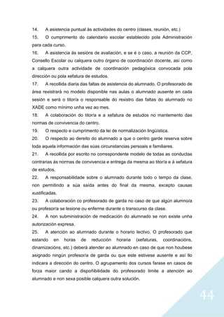 44
14. A asistencia puntual ás actividades do centro (clases, reunión, etc.)
15. O cumprimento do calendario escolar establecido pola Administración
para cada curso.
16. A asistencia ás sesións de avaliación, e se é o caso, a reunión da CCP,
Consello Escolar ou calquera outro órgano de coordinación docente, así como
a calquera outra actividade de coordinación pedagóxica convocada pola
dirección ou pola xefatura de estudos.
17. A recollida diaria das faltas de asistencia do alumnado. O profesorado de
área rexistrará no modelo disponible nas aulas o alumnado ausente en cada
sesión e será o titor/a o responsable do rexistro das faltas do alumnado no
XADE como mínimo unha vez ao mes.
18. A colaboración do titor/a e a xefatura de estudos no mantemento das
normas de convivencia do centro.
19. O respecto e cumprimento da lei de normalización lingüística.
20. O respecto ao dereito do alumnado a que o centro garde reserva sobre
toda aquela información das súas circunstancias persoais e familiares.
21. A recollida por escrito no correspondente modelo de todas as conductas
contrarias ás normas de convivencia e entrega da mesma ao titor/a e á xefatura
de estudos.
22. A responsabilidade sobre o alumnado durante todo o tempo da clase,
non permitindo a súa saída antes do final da mesma, excepto causas
xustificadas.
23. A colaboración co profesorado de garda no caso de que algún alumno/a
ou profesor/a se lesione ou enferme durante o transcurso da clase.
24. A non subministración de medicación do alumnado se non existe unha
autorización expresa.
25. A atención ao alumnado durante o horario lectivo. O profesorado que
estando en horas de reducción horaria (xefaturas, coordinacións,
dinamizacións, etc.) deberá atender ao alumnado en caso de que non houbese
asignado ningún profesor/a de garda ou que este estivese ausente e así llo
indicara a dirección do centro. O agrupamento dos cursos farase en casos de
forza maior cando a dispoñibilidade do profesorado limite a atención ao
alumnado e non sexa posible calquera outra solución.
 