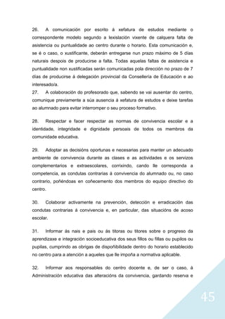 45
26. A comunicación por escrito á xefatura de estudos mediante o
correspondente modelo segundo a lexislación vixente de calquera falta de
asistencia ou puntualidade ao centro durante o horario. Esta comunicación e,
se é o caso, o xustificante, deberán entregarse nun prazo máximo de 5 días
naturais despois de producirse a falta. Todas aquelas faltas de asistencia e
puntualidade non xustificadas serán comunicadas pola dirección no prazo de 7
días de producirse á delegación provincial da Consellería de Educación e ao
interesado/a.
27. A colaboración do profesorado que, sabendo se vai ausentar do centro,
comunique previamente a súa ausencia á xefatura de estudos e deixe tarefas
ao alumnado para evitar interromper o seu proceso formativo.
28. Respectar e facer respectar as normas de convivencia escolar e a
identidade, integridade e dignidade persoais de todos os membros da
comunidade educativa.
29. Adoptar as decisións oportunas e necesarias para manter un adecuado
ambiente de convivencia durante as clases e as actividades e os servizos
complementarios e extraescolares, corrixindo, cando lle corresponda a
competencia, as condutas contrarias á convivencia do alumnado ou, no caso
contrario, poñéndoas en coñecemento dos membros do equipo directivo do
centro.
30. Colaborar activamente na prevención, detección e erradicación das
condutas contrarias á convivencia e, en particular, das situacións de acoso
escolar.
31. Informar ás nais e pais ou ás titoras ou titores sobre o progreso da
aprendizaxe e integración socioeducativa dos seus fillos ou fillas ou pupilos ou
pupilas, cumprindo as obrigas de dispoñibilidade dentro do horario establecido
no centro para a atención a aqueles que lle impoña a normativa aplicable.
32. Informar aos responsables do centro docente e, de ser o caso, á
Administración educativa das alteracións da convivencia, gardando reserva e
 