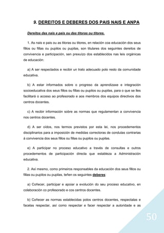 50
9. DEREITOS E DEBERES DOS PAIS NAIS E ANPA
Dereitos das nais e pais ou das titoras ou titores.
1. As nais e pais ou as titoras ou titores, en relación coa educación dos seus
fillos ou fillas ou pupilos ou pupilas, son titulares dos seguintes dereitos de
convivencia e participación, sen prexuízo dos establecidos nas leis orgánicas
de educación:
a) A ser respectados e recibir un trato adecuado polo resto da comunidade
educativa.
b) A estar informados sobre o progreso da aprendizaxe e integración
socioeducativa dos seus fillos ou fillas ou pupilos ou pupilas, para o que se lles
facilitará o acceso ao profesorado e aos membros dos equipos directivos dos
centros docentes.
c) A recibir información sobre as normas que regulamentan a convivencia
nos centros docentes.
d) A ser oídos, nos termos previstos por esta lei, nos procedementos
disciplinarios para a imposición de medidas correctoras de condutas contrarias
á convivencia dos seus fillos ou fillas ou pupilos ou pupilas.
e) A participar no proceso educativo a través de consultas e outros
procedementos de participación directa que estableza a Administración
educativa.
2. Así mesmo, como primeiros responsables da educación dos seus fillos ou
fillas ou pupilos ou pupilas, teñen os seguintes deberes:
a) Coñecer, participar e apoiar a evolución do seu proceso educativo, en
colaboración co profesorado e cos centros docentes.
b) Coñecer as normas establecidas polos centros docentes, respectalas e
facelas respectar, así como respectar e facer respectar a autoridade e as
 