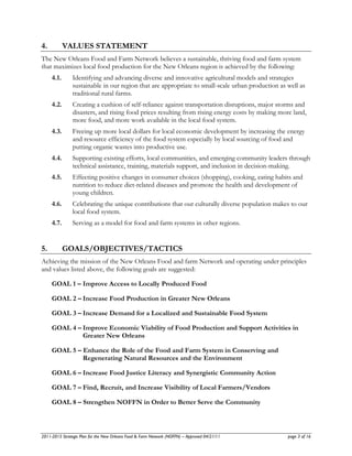 4.          VALUES STATEMENT
The New Orleans Food and Farm Network believes a sustainable, thriving food and farm system
that maximizes local food production for the New Orleans region is achieved by the following:
     4.1.      Identifying and advancing diverse and innovative agricultural models and strategies
               sustainable in our region that are appropriate to small-scale urban production as well as
               traditional rural farms.
     4.2.      Creating a cushion of self-reliance against transportation disruptions, major storms and
               disasters, and rising food prices resulting from rising energy costs by making more land,
               more food, and more work available in the local food system.
     4.3.      Freeing up more local dollars for local economic development by increasing the energy
               and resource efficiency of the food system especially by local sourcing of food and
               putting organic wastes into productive use.
     4.4.      Supporting existing efforts, local communities, and emerging community leaders through
               technical assistance, training, materials support, and inclusion in decision-making.
     4.5.      Effecting positive changes in consumer choices (shopping), cooking, eating habits and
               nutrition to reduce diet-related diseases and promote the health and development of
               young children.
     4.6.      Celebrating the unique contributions that our culturally diverse population makes to our
               local food system.
     4.7.      Serving as a model for food and farm systems in other regions.


5.          GOALS/OBJECTIVES/TACTICS
Achieving the mission of the New Orleans Food and farm Network and operating under principles
and values listed above, the following goals are suggested:

     GOAL 1 – Improve Access to Locally Produced Food

     GOAL 2 – Increase Food Production in Greater New Orleans

     GOAL 3 – Increase Demand for a Localized and Sustainable Food System

     GOAL 4 – Improve Economic Viability of Food Production and Support Activities in
              Greater New Orleans

     GOAL 5 – Enhance the Role of the Food and Farm System in Conserving and
              Regenerating Natural Resources and the Environment

     GOAL 6 – Increase Food Justice Literacy and Synergistic Community Action

     GOAL 7 – Find, Recruit, and Increase Visibility of Local Farmers/Vendors

     GOAL 8 – Strengthen NOFFN in Order to Better Serve the Community



2011-2015 Strategic Plan for the New Orleans Food & Farm Network (NOFFN) – Approved 04/21/11     page 3 of 16
 
